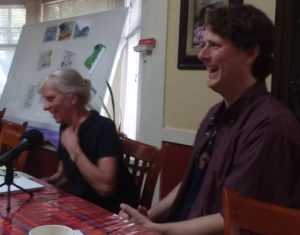 Ruth Benn and Lincoln Rice laughing during May 5, 2018 coordinator transition discussion.