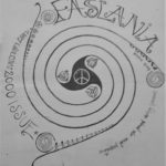 the cover of Faslane Peace Camp's 2000 publication, Faslania, featuring a spiral black and white design with Celtic designs and a peace sign in the middle