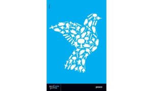 blue background with image of bird formed from small images of soldiers military equipment and bombs