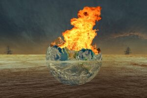 Earth at center engulfed in flames in brown water