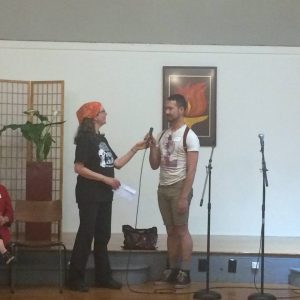 Receiving a People's Life Fund grant for Veteran Artists to #popthebubble — attending People's Life Fund — 2016 Granting Ceremony at Berkeley Fellowship of Unitarian Universalists.