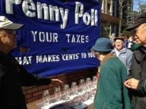 People are invited to participate in a penny poll of where they would like their taxes spent