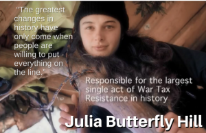 picture of Julia Butterfly Hill in her tree-sit with text, " “The greatest changes in history have only come when people are willing to put everything on the line.” - Responsible for the largest single act of War Tax Resistance in history - Julia Butterfly Hill"